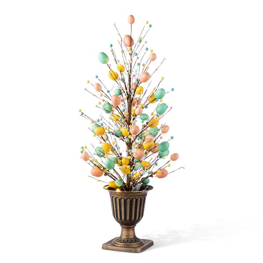 Glitzhome® 36" Lighted Easter Egg & Berries Urn Porch Tree with Timer